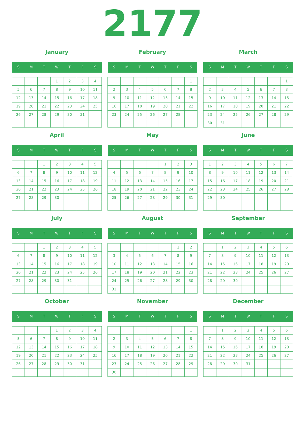 Printable 2177 Year Calendars green