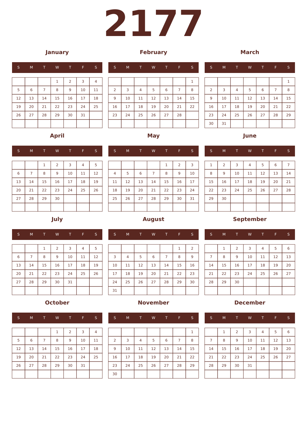 Printable 2177 Year Calendars mortuum