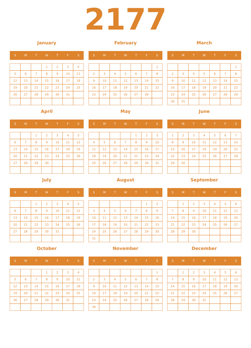 Printable 2177 Year Calendars orange