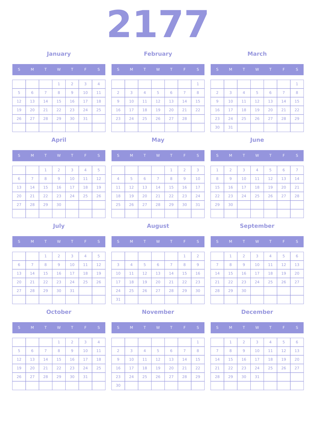 Printable 2177 Year Calendars periwinkle