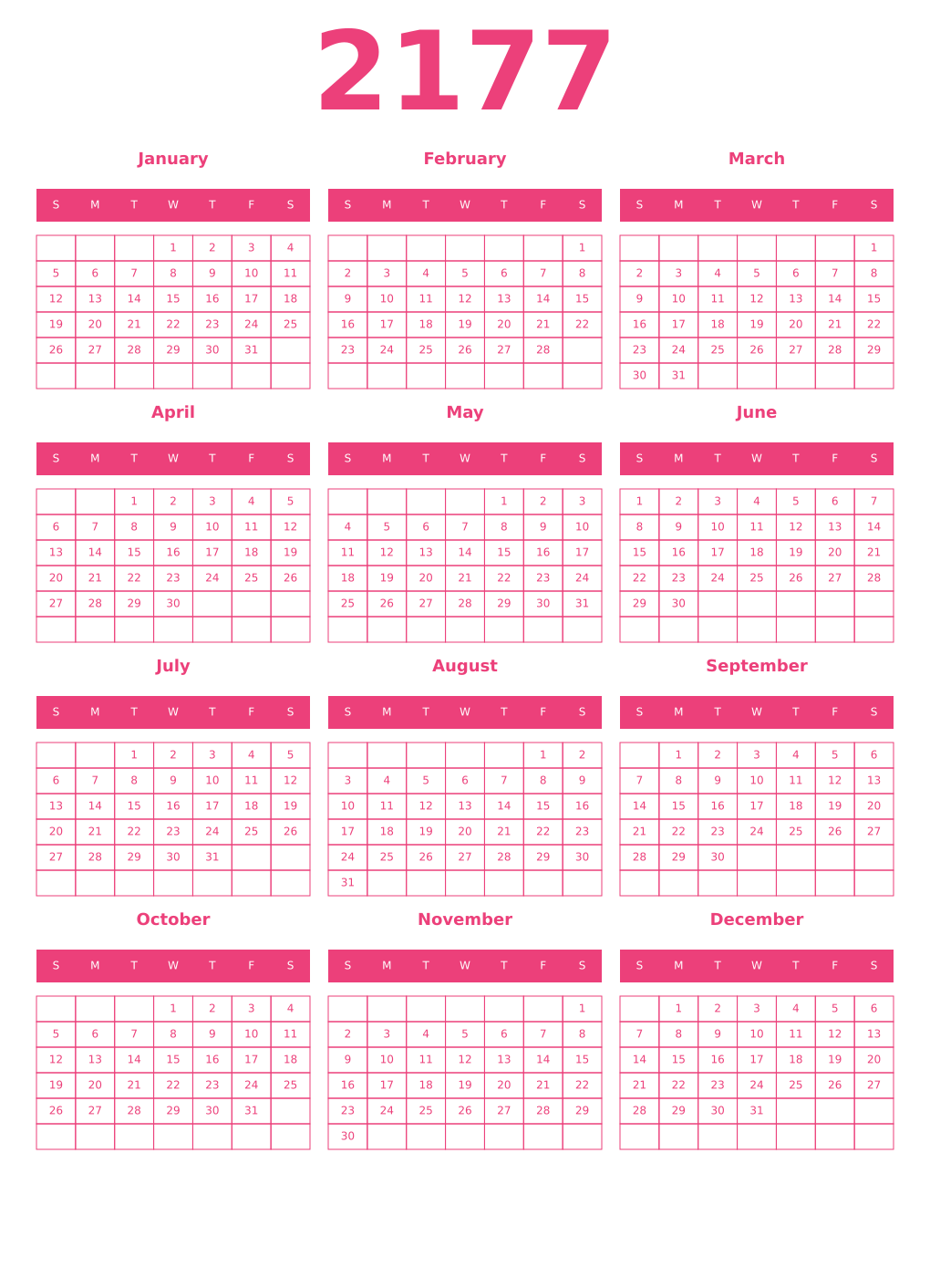 Printable 2177 Year Calendars pink