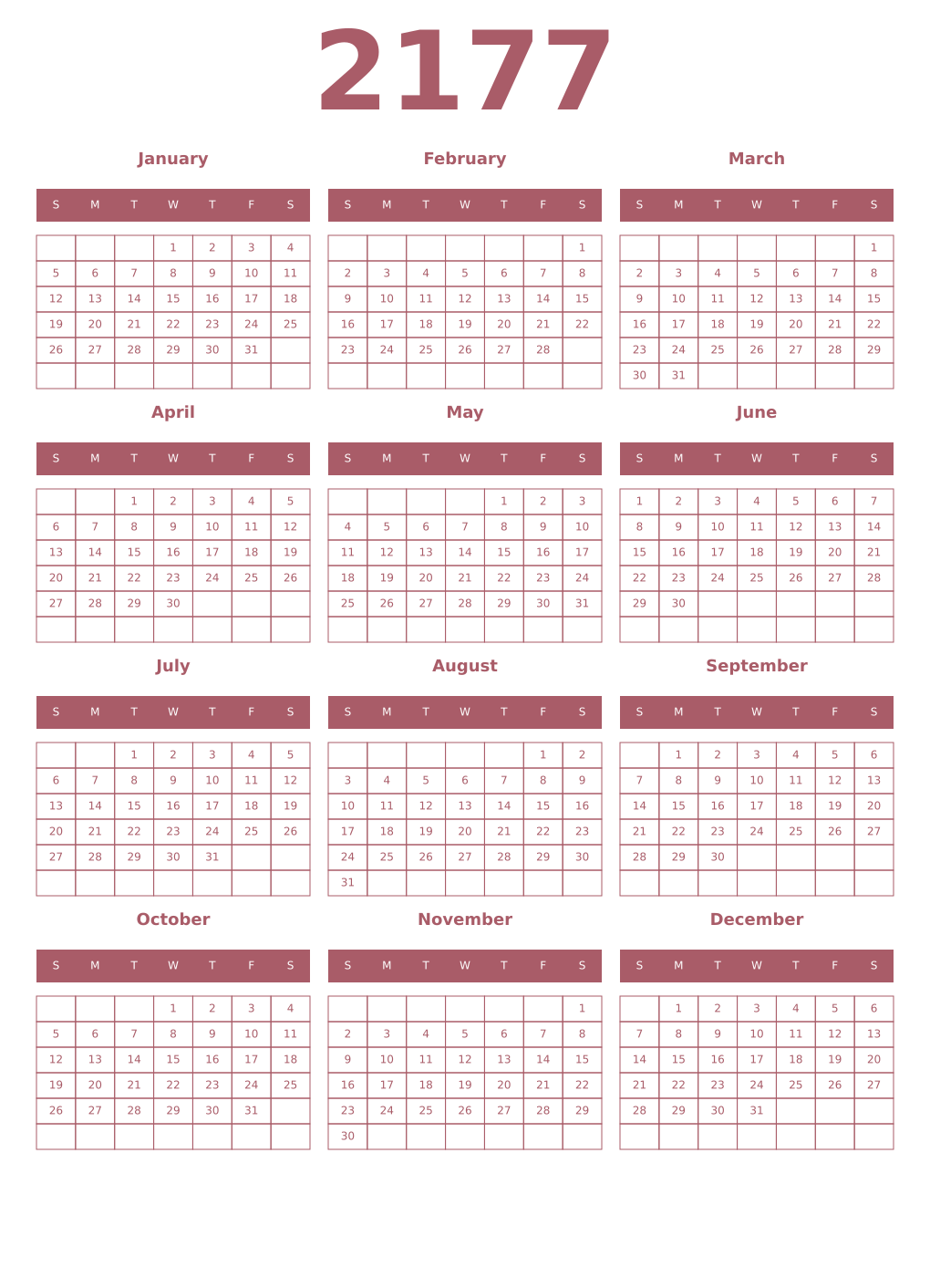 Printable 2177 Year Calendars puce
