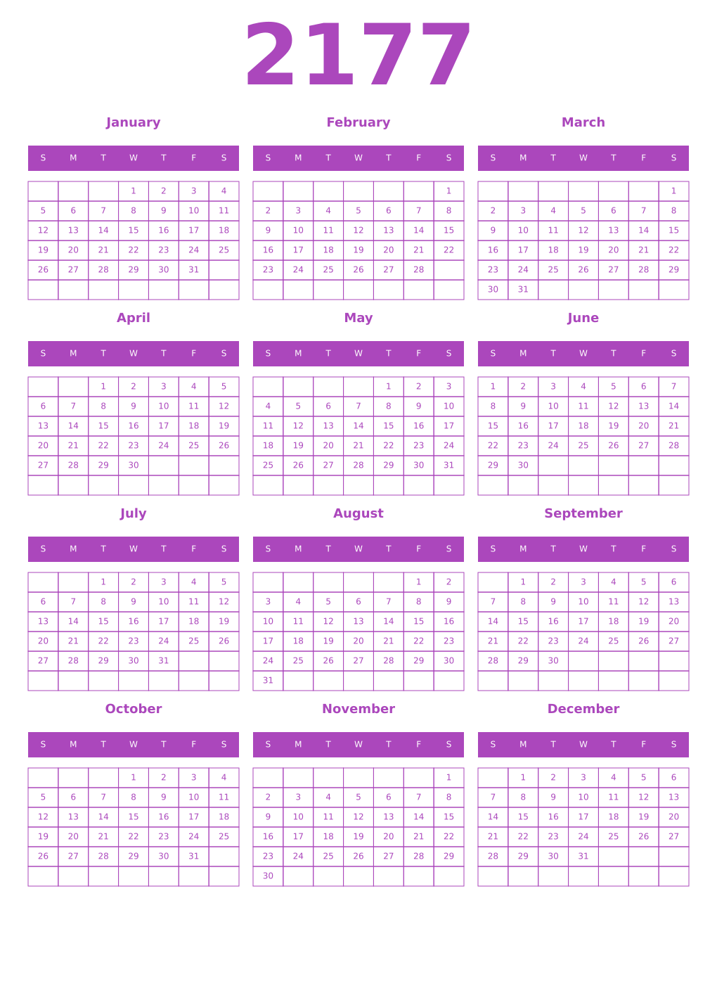 Printable 2177 Year Calendars purple