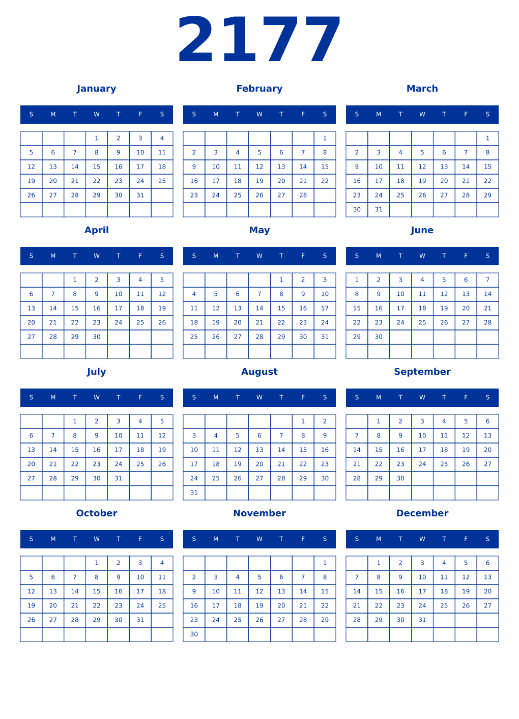 Printable 2177 Year Calendars smalt