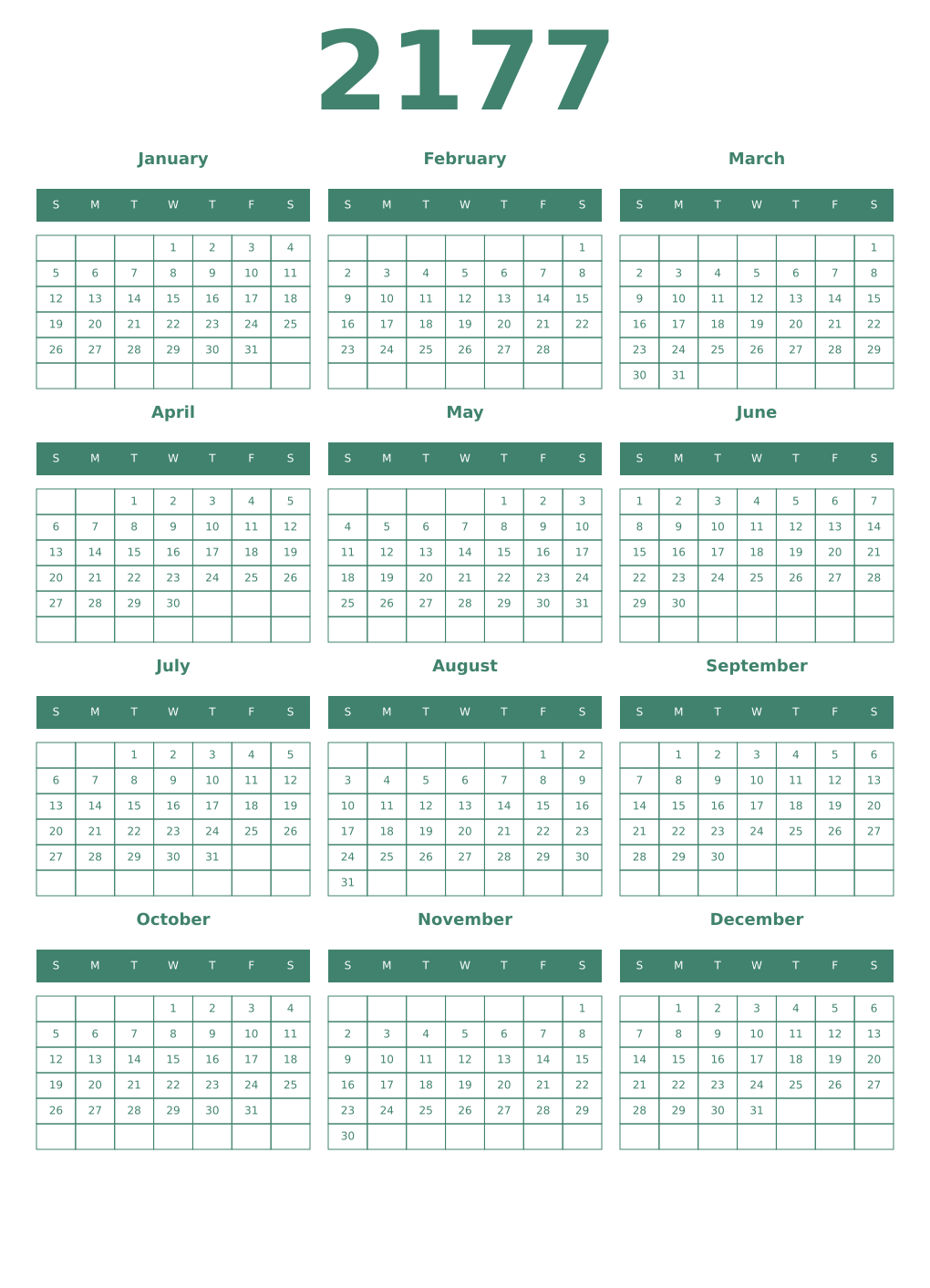 Printable 2177 Year Calendars viridian