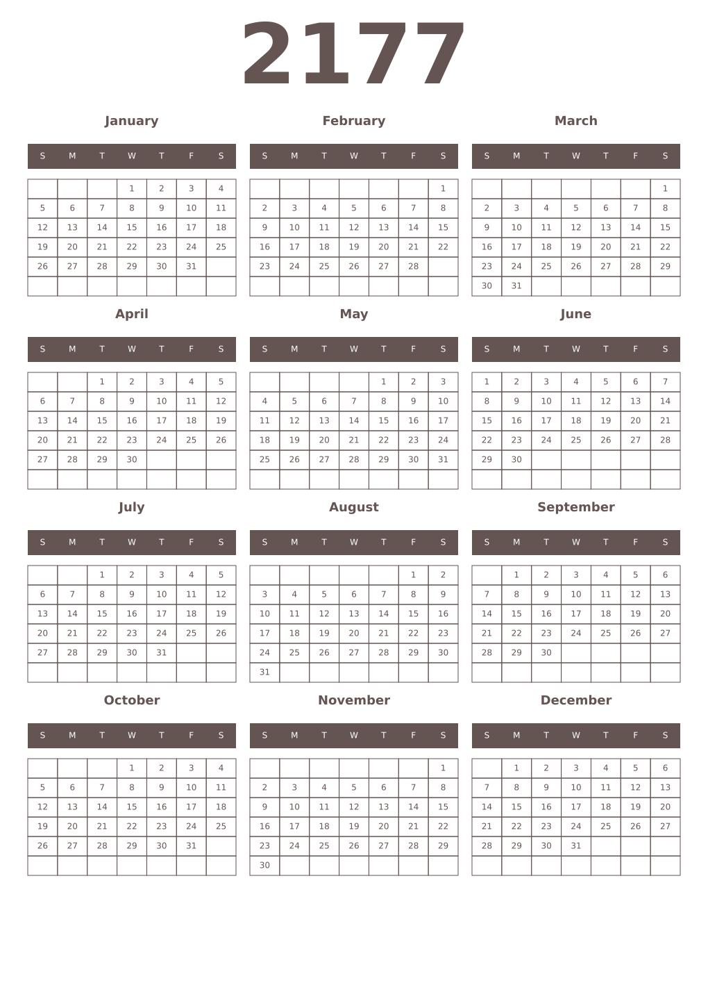 Printable 2177 Year Calendars wenge