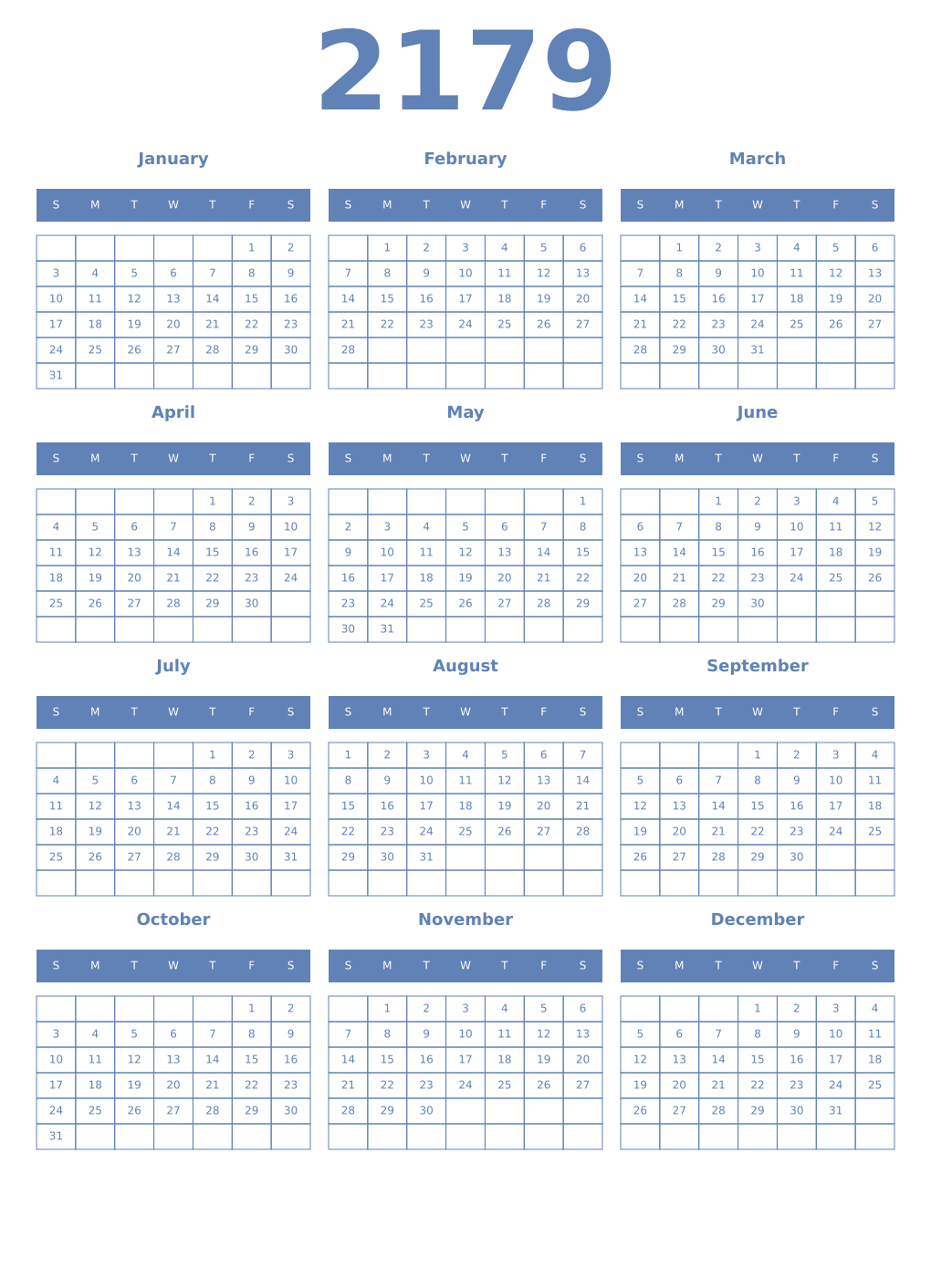 Printable 2179 Year Calendars glaucous