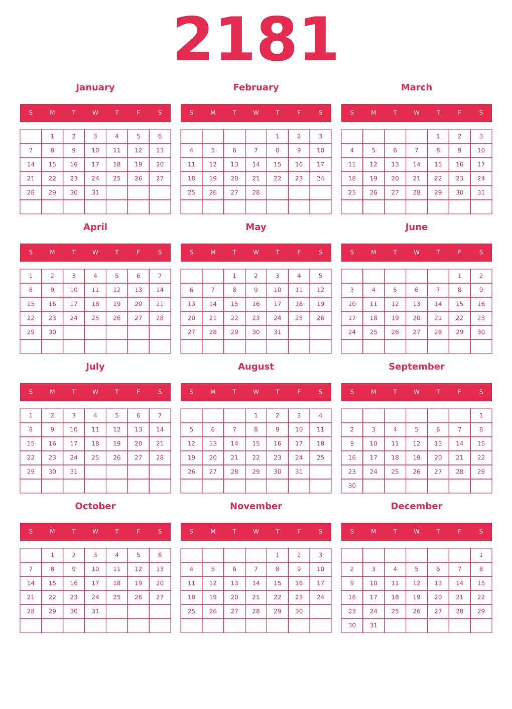 Printable 2181 Year Calendars amaranth