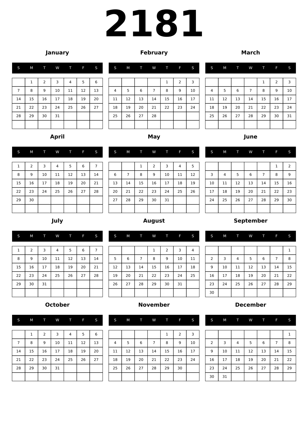 Printable 2181 Year Calendars black