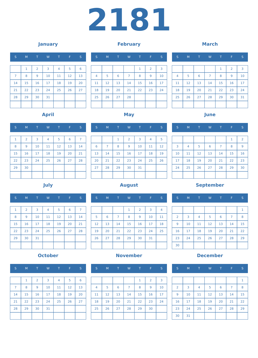 Printable 2181 Year Calendars blue
