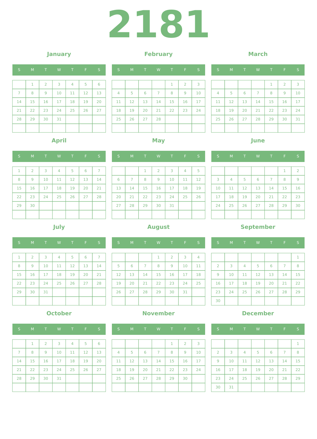 Printable 2181 Year Calendars celadon