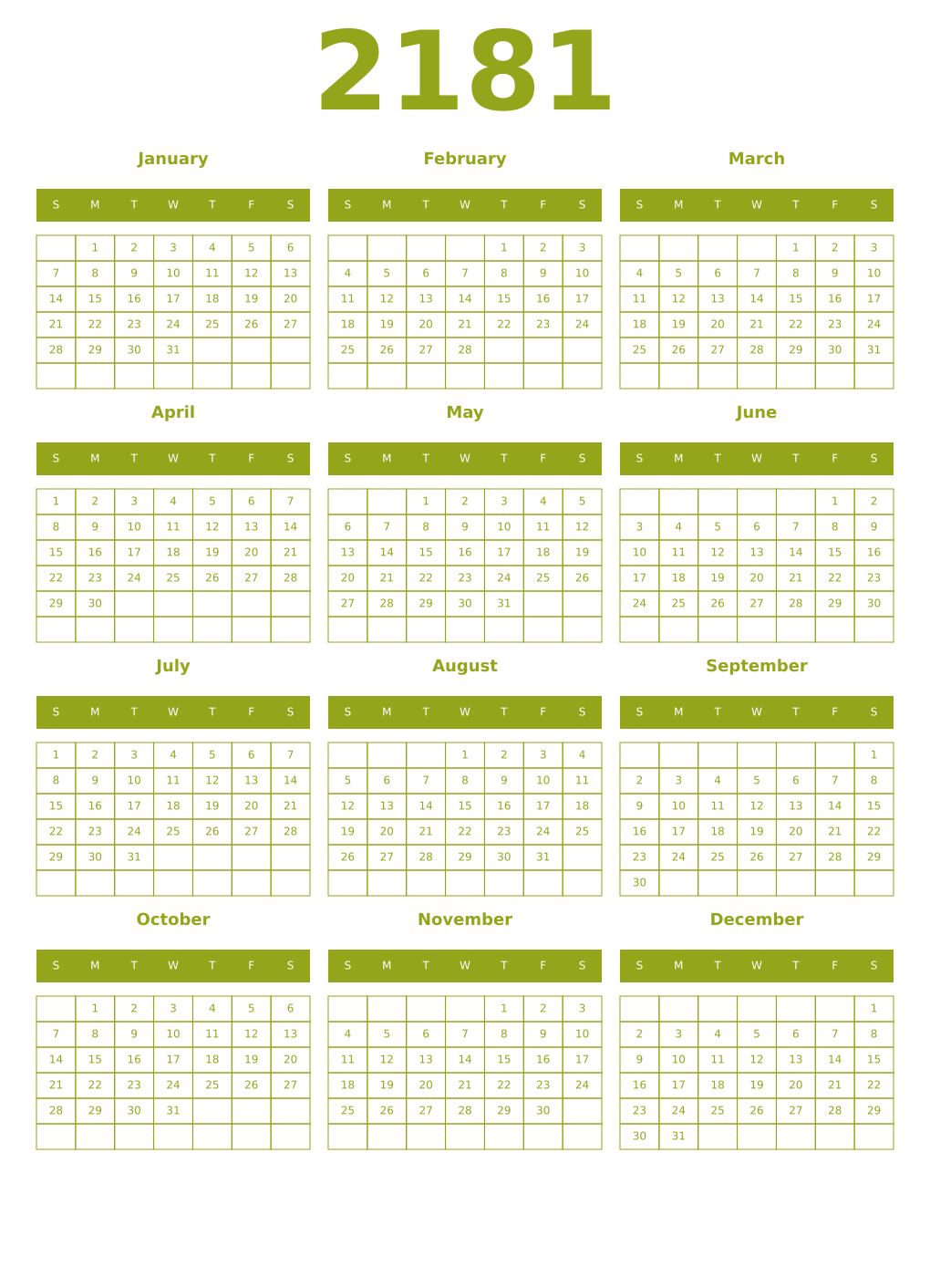Printable 2181 Year Calendars chartreuse
