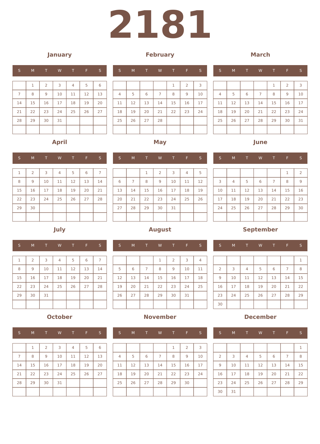 Printable 2181 Year Calendars coffe