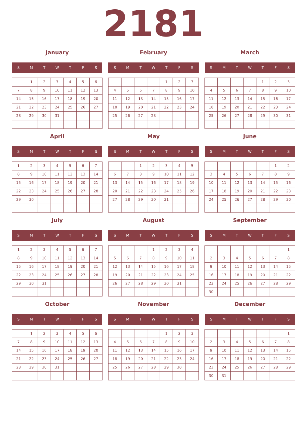 Printable 2181 Year Calendars cordovan
