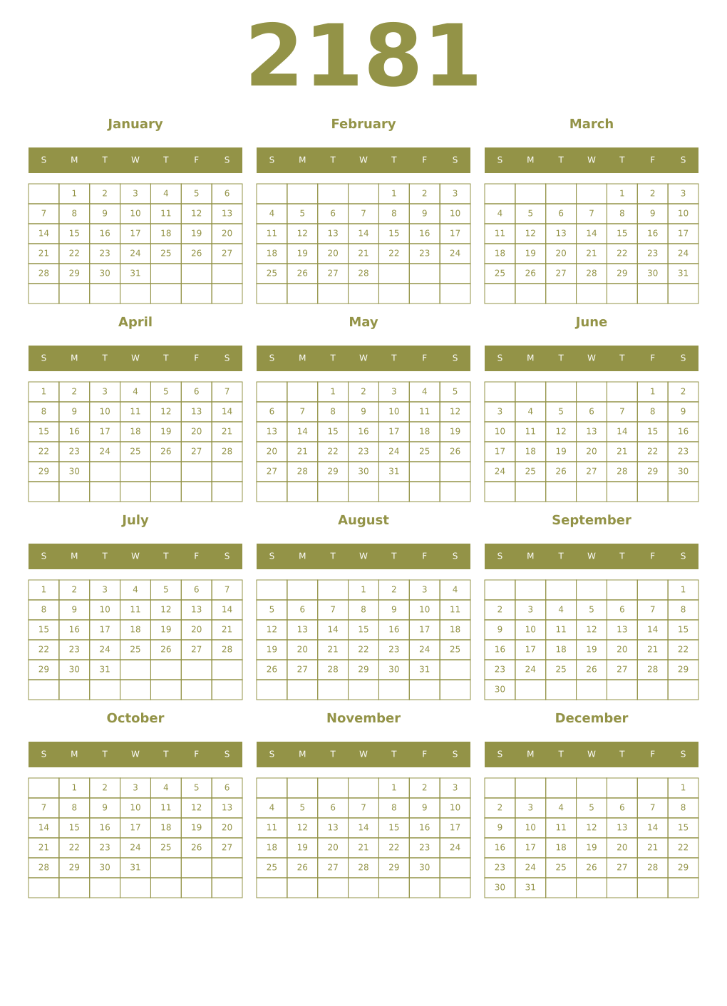 Printable 2181 Year Calendars eburnean