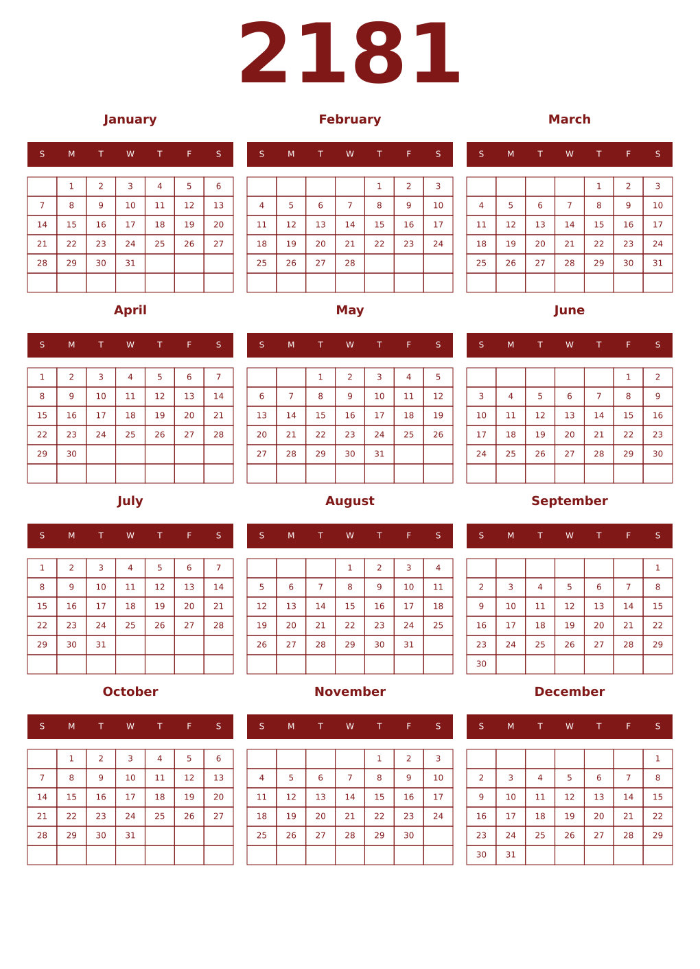 Printable 2181 Year Calendars falu