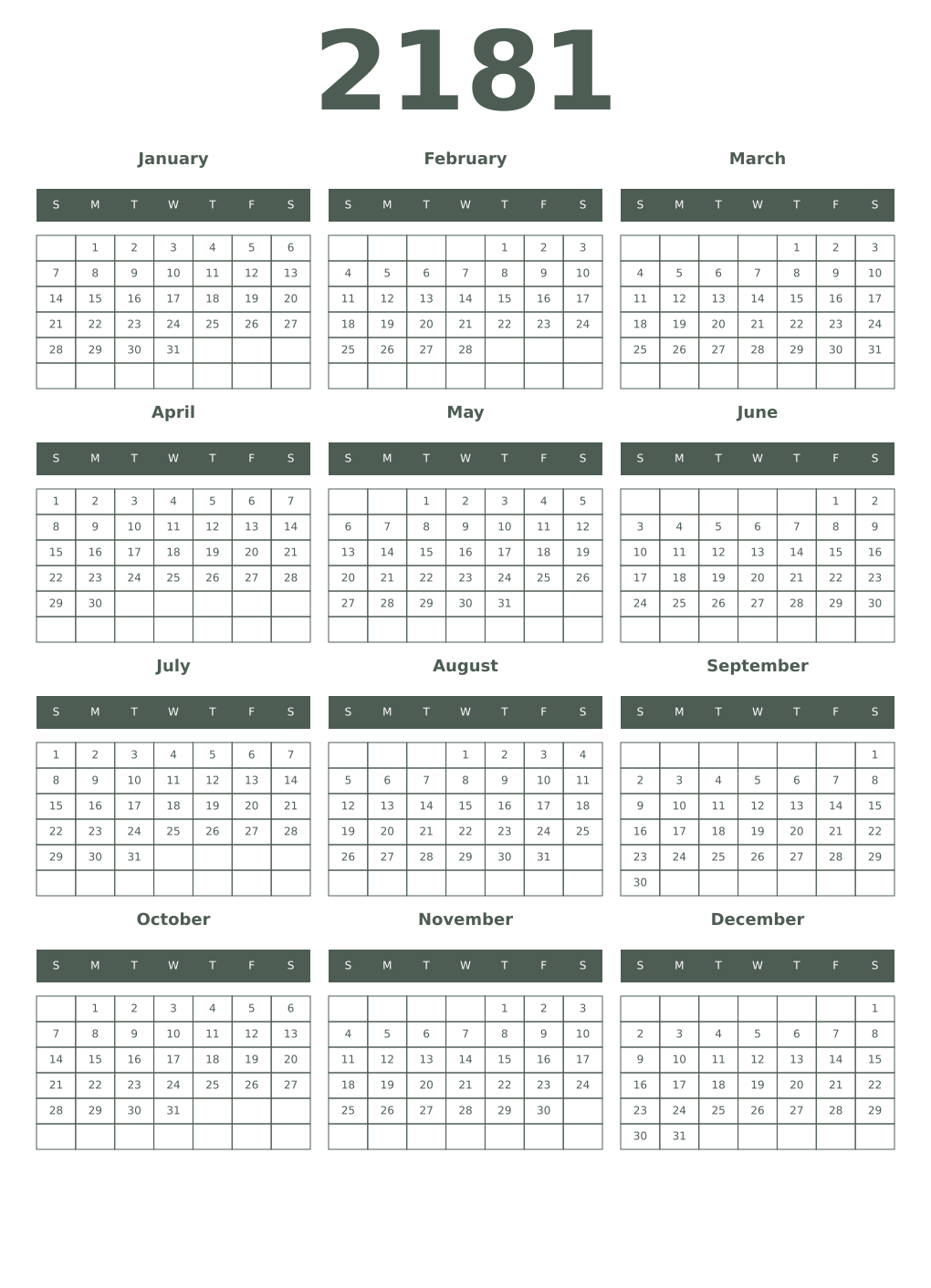 Printable 2181 Year Calendars feldgrau
