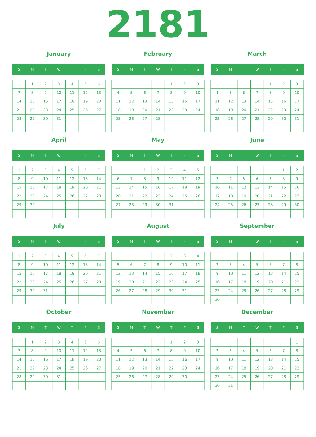 Printable 2181 Year Calendars green