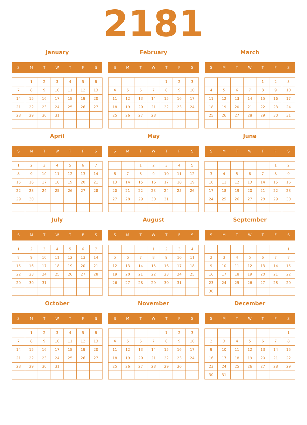Printable 2181 Year Calendars orange