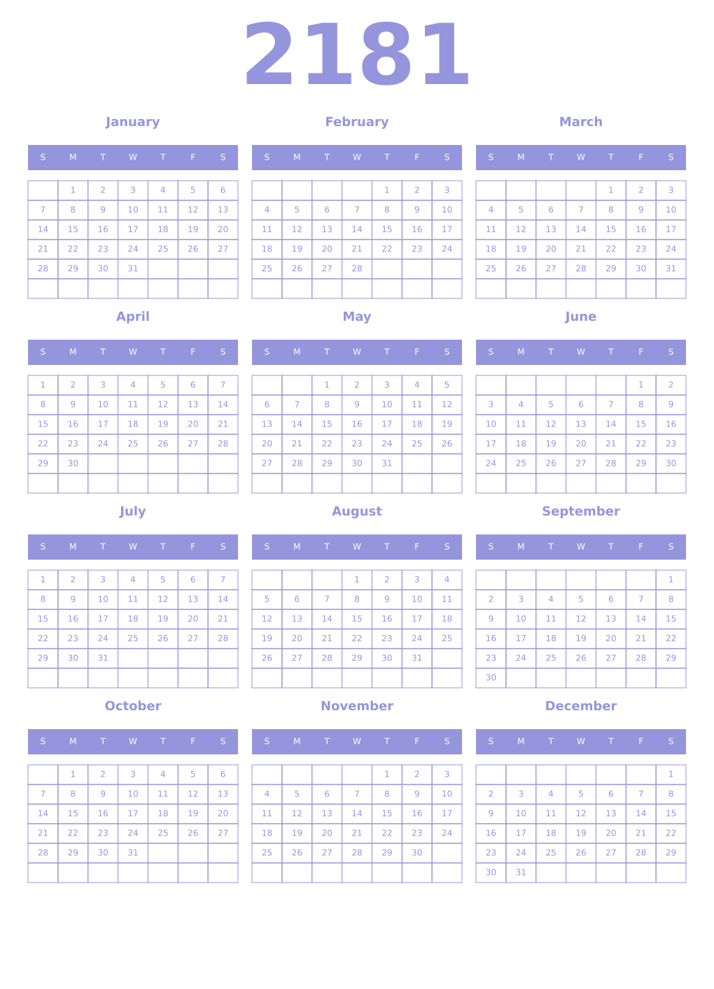 Printable 2181 Year Calendars periwinkle