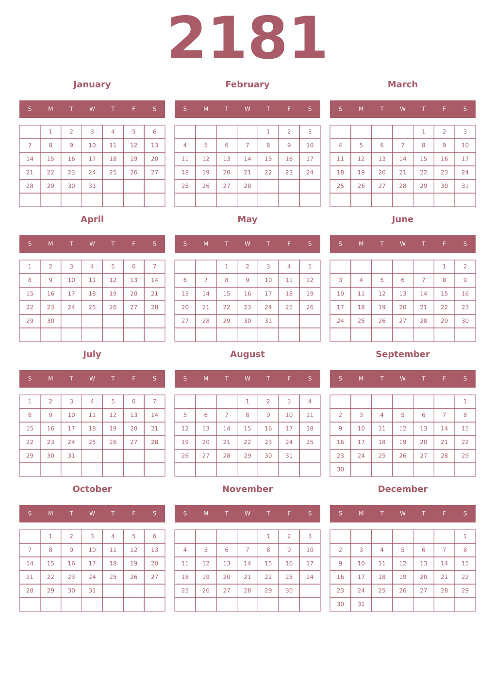 Printable 2181 Year Calendars puce
