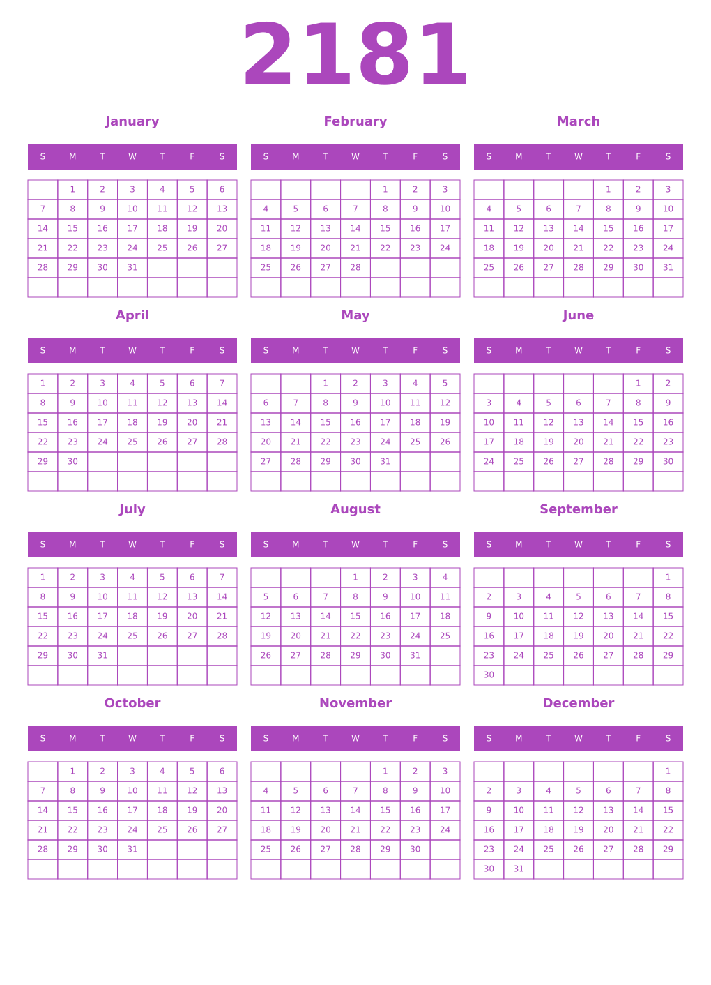 Printable 2181 Year Calendars purple