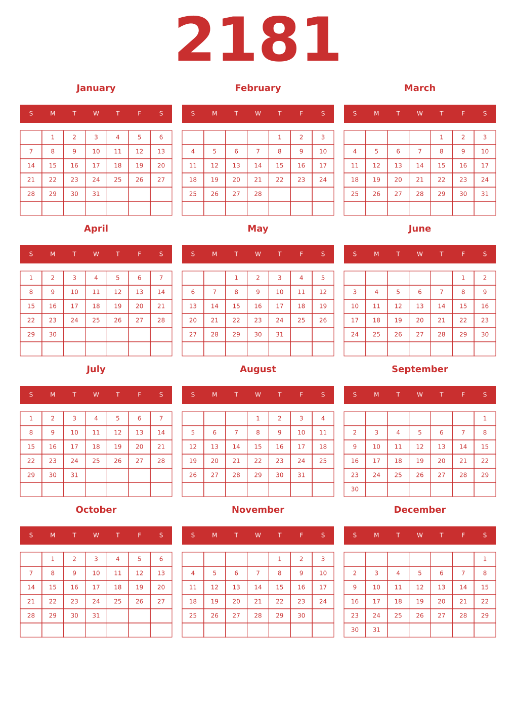 Printable 2181 Year Calendars red