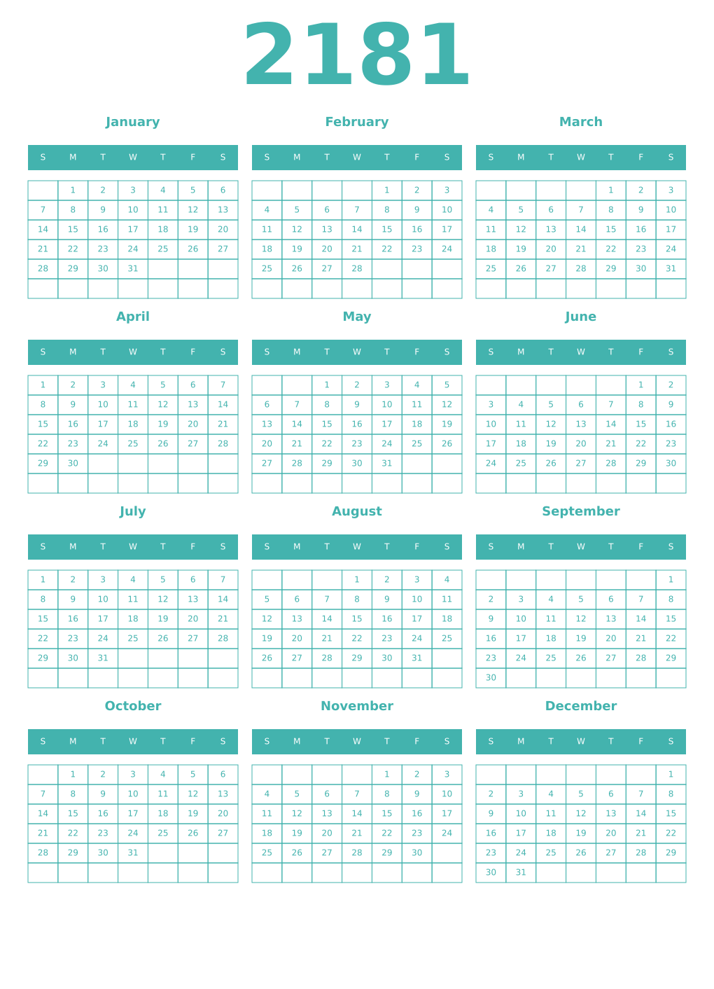 Printable 2181 Year Calendars verdigris