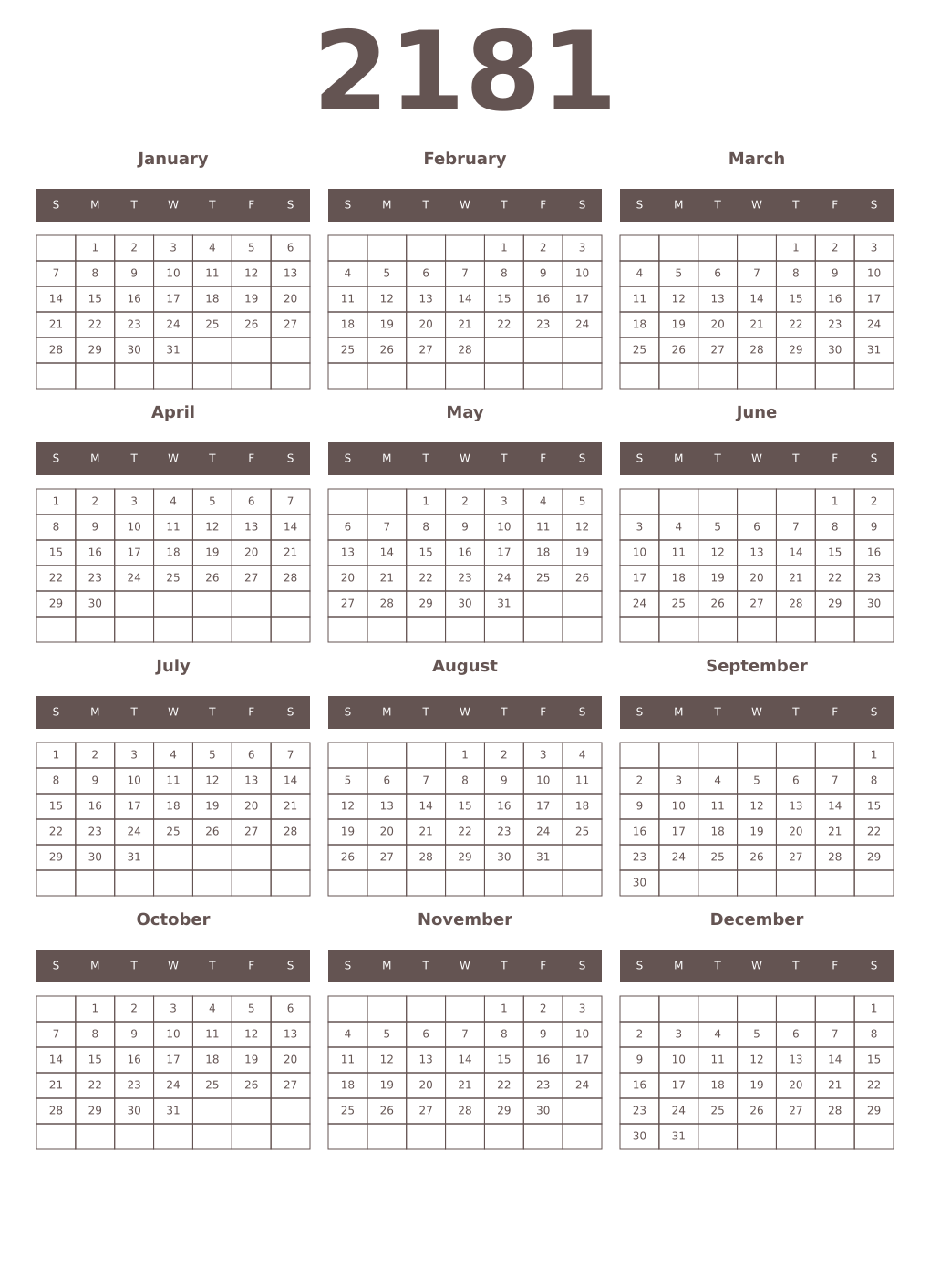 Printable 2181 Year Calendars wenge