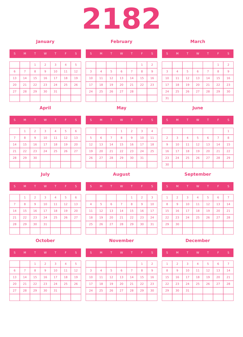 Printable 2182 Year Calendars pink