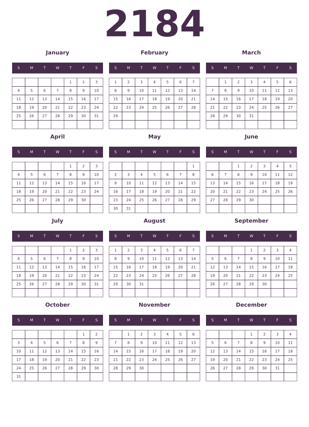 Printable 2184 Year Calendars aubergine