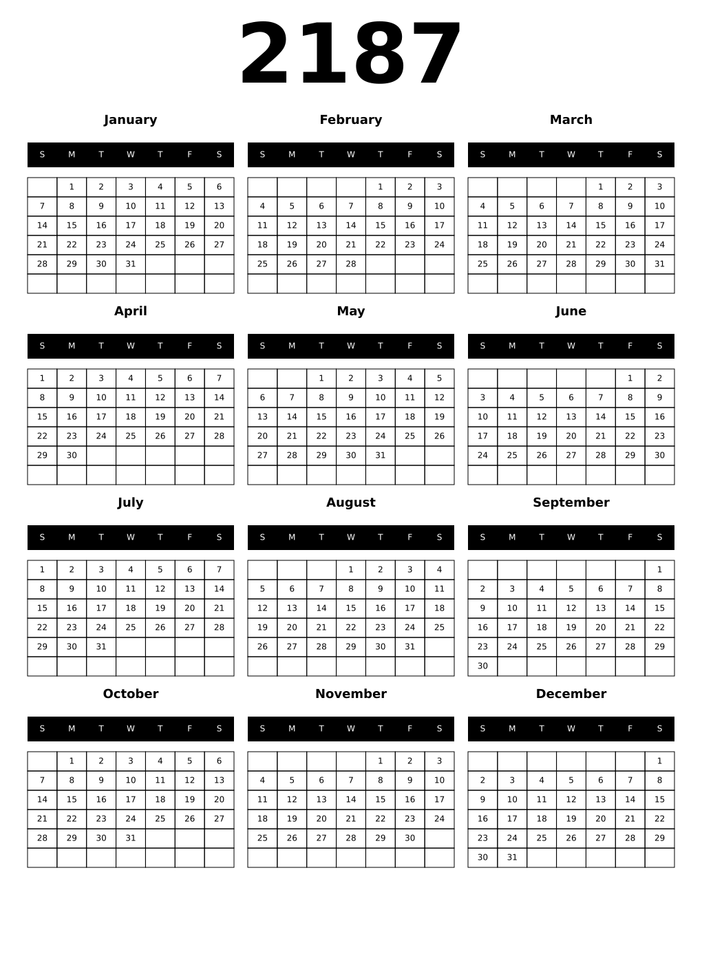 Printable 2187 Year Calendars black
