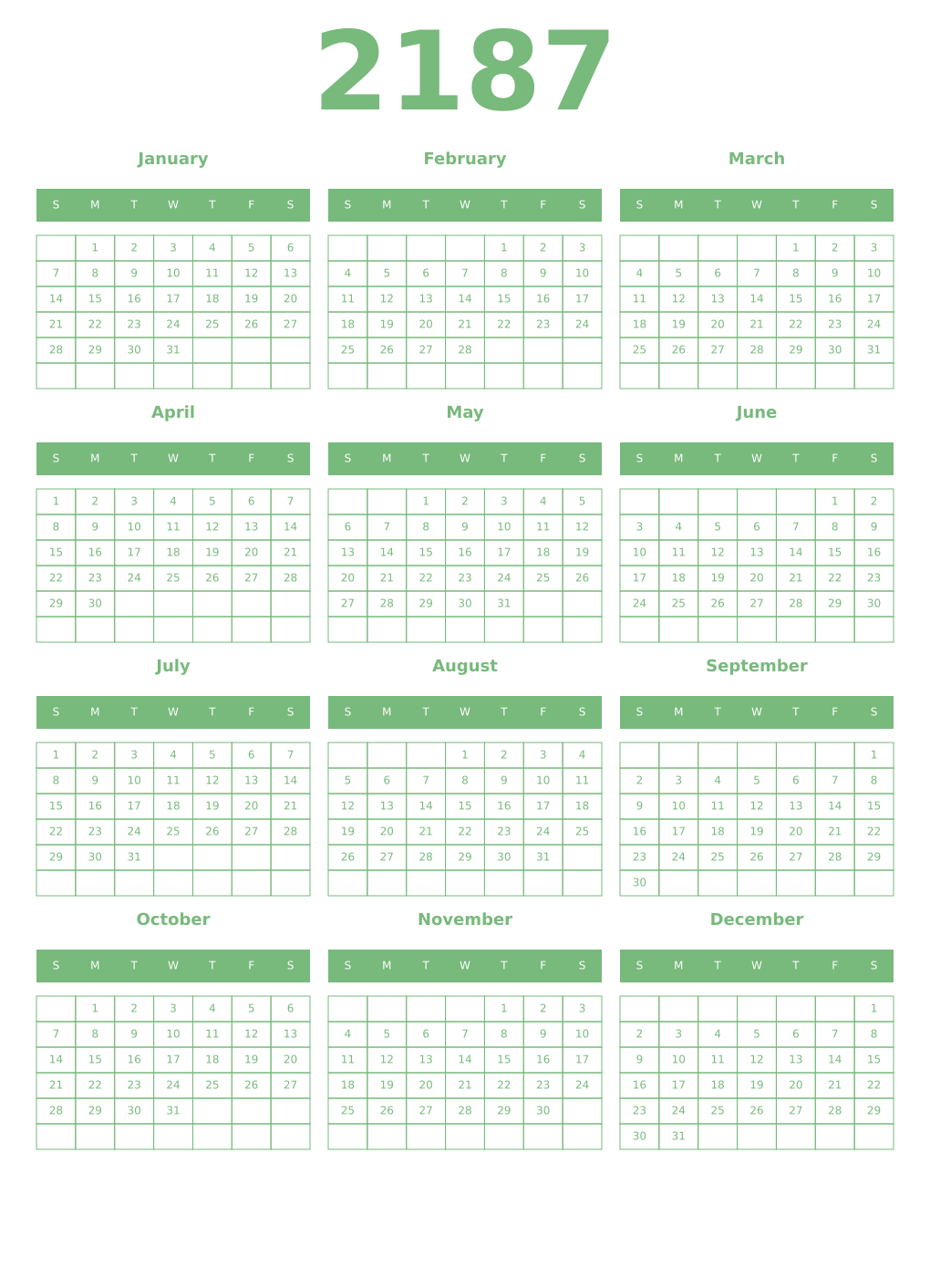 Printable 2187 Year Calendars celadon