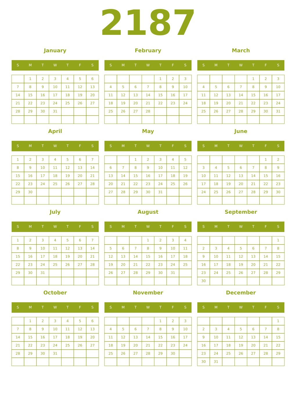 Printable 2187 Year Calendars chartreuse