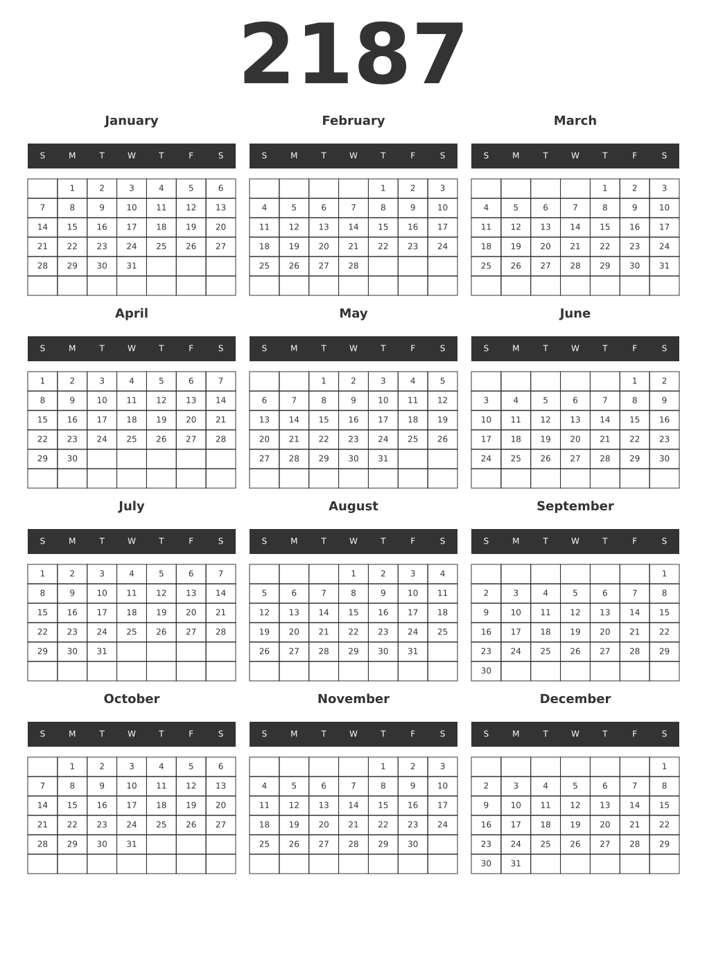Printable 2187 Year Calendars dark