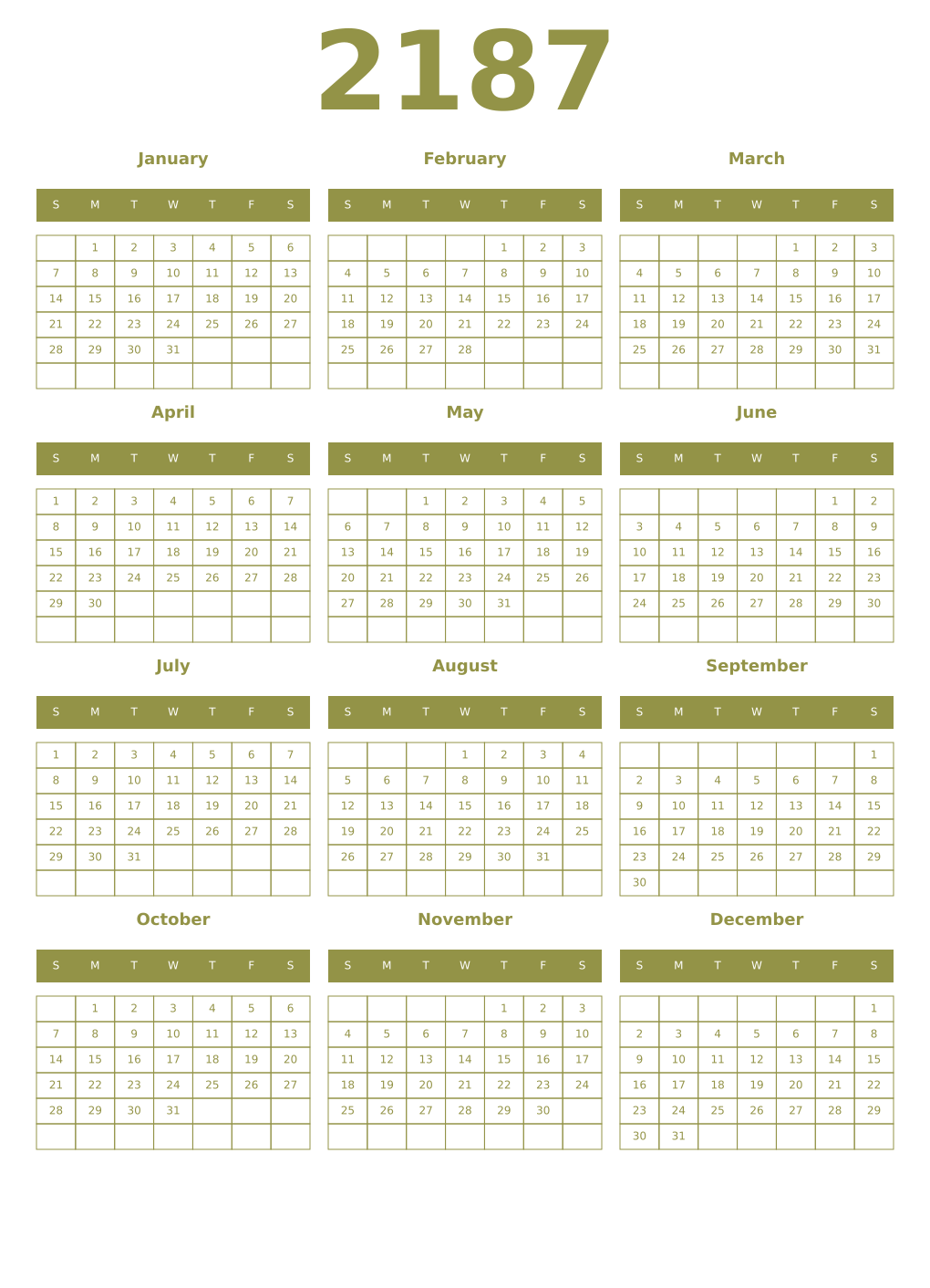 Printable 2187 Year Calendars eburnean