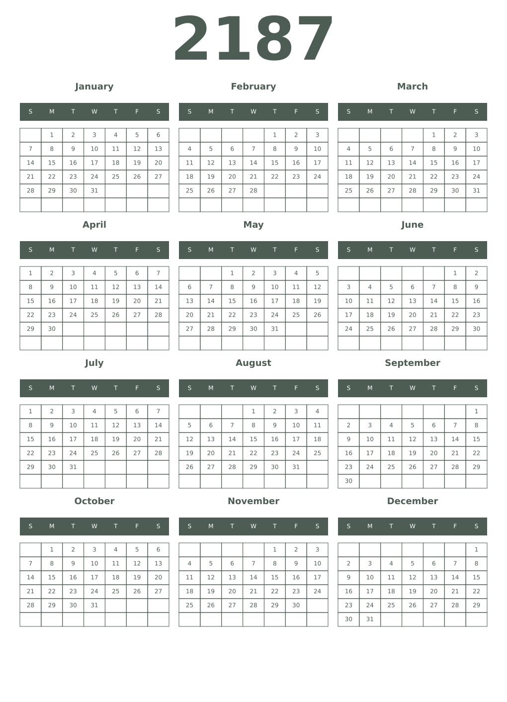 Printable 2187 Year Calendars feldgrau