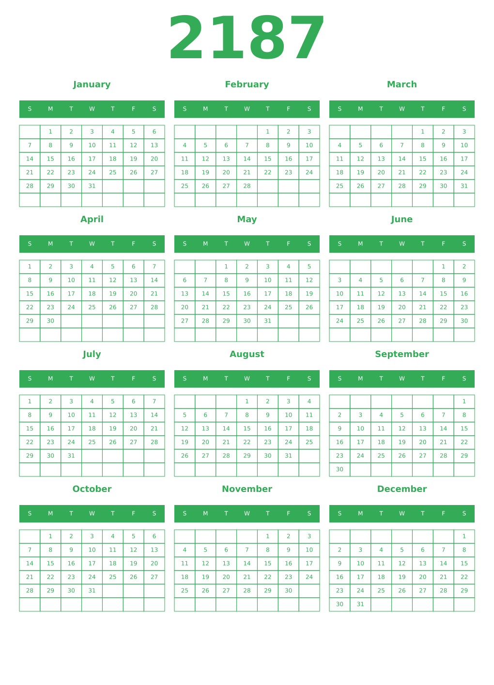 Printable 2187 Year Calendars green
