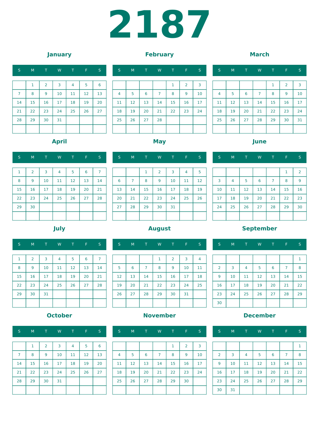 Printable 2187 Year Calendars pastel