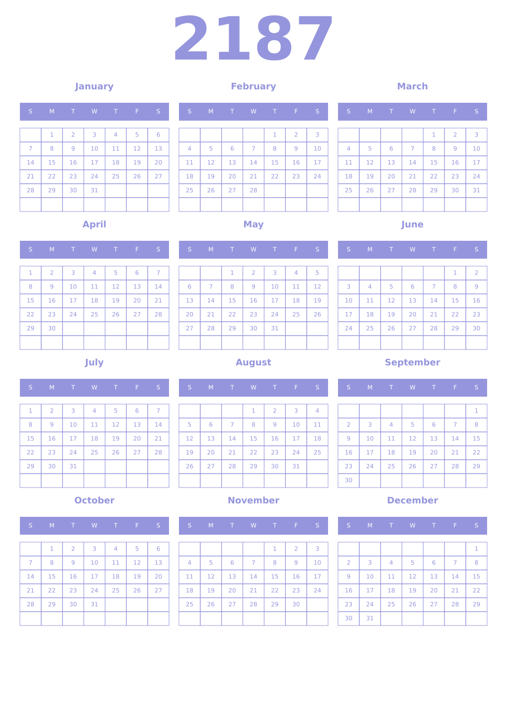 Printable 2187 Year Calendars periwinkle