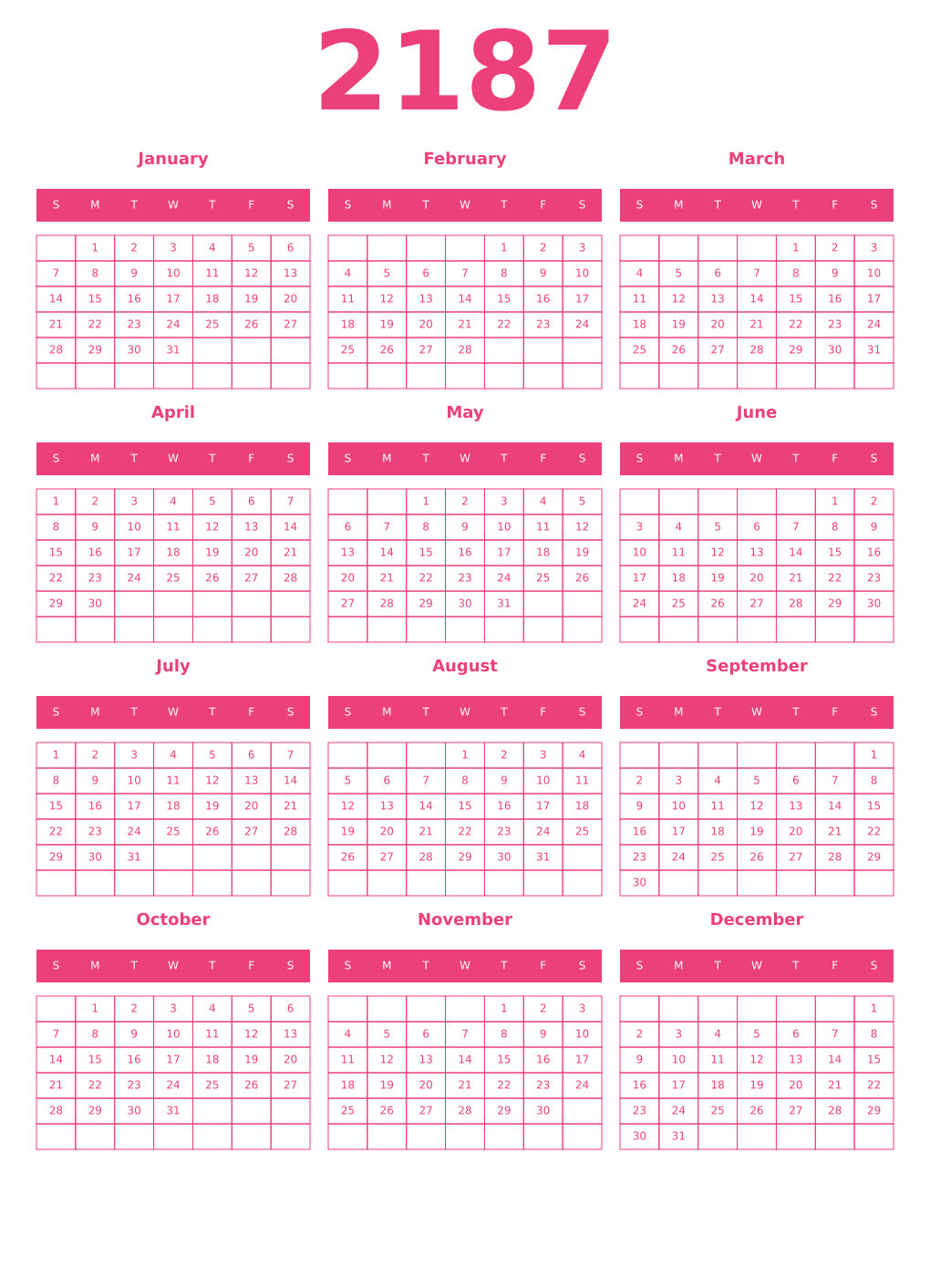 Printable 2187 Year Calendars pink