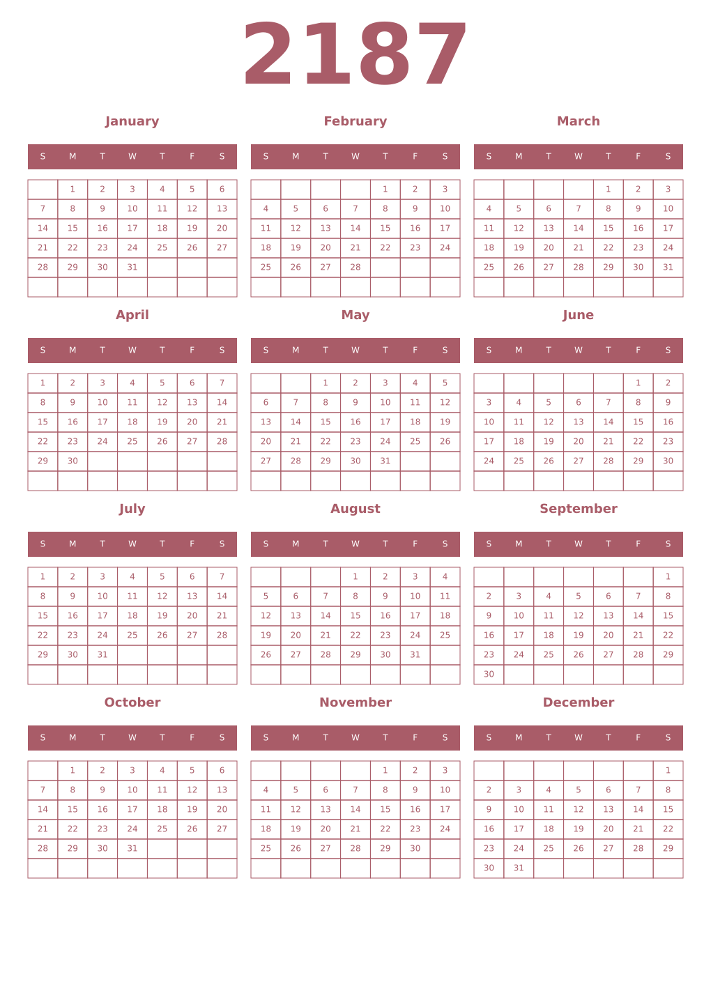 Printable 2187 Year Calendars puce