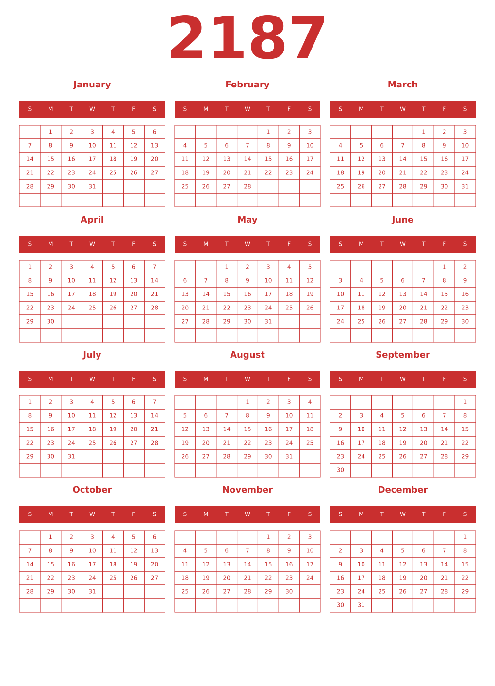 Printable 2187 Year Calendars red