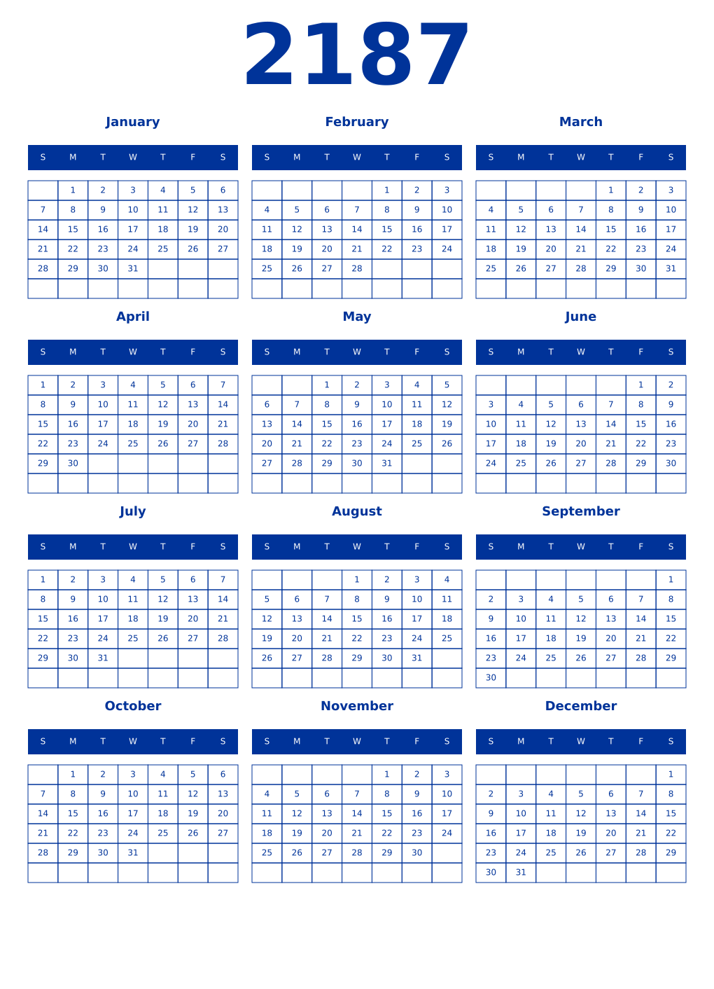 Printable 2187 Year Calendars smalt
