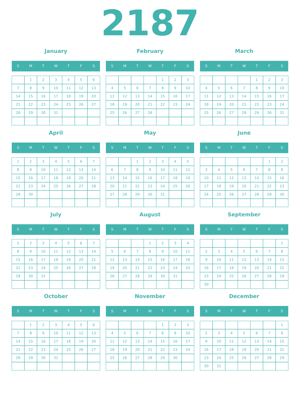 Printable 2187 Year Calendars verdigris