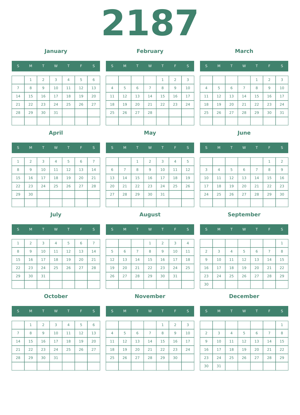 Printable 2187 Year Calendars viridian