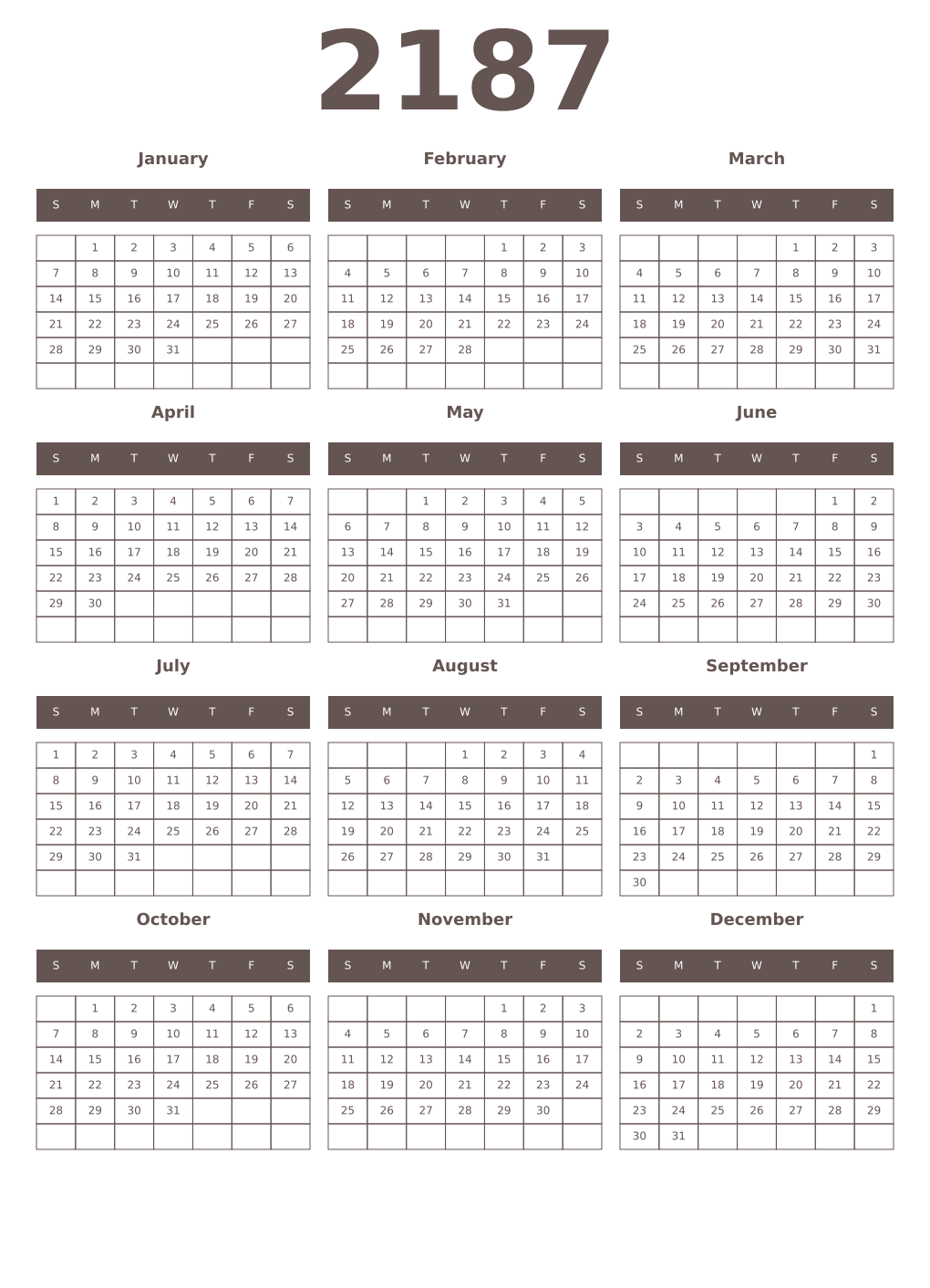 Printable 2187 Year Calendars wenge