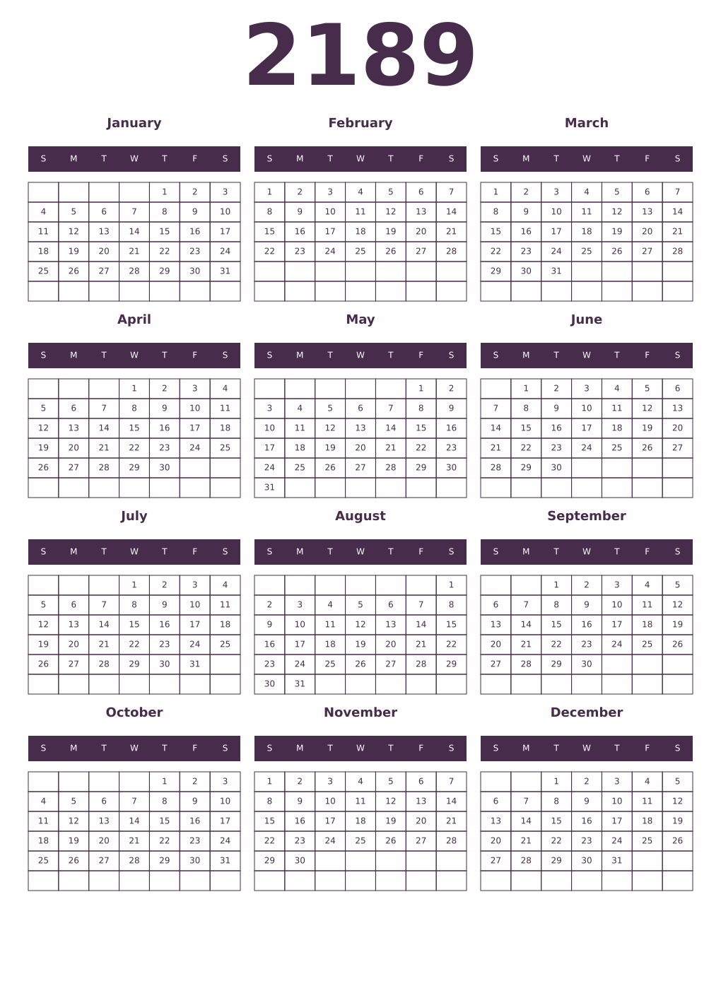 Printable 2189 Year Calendars aubergine