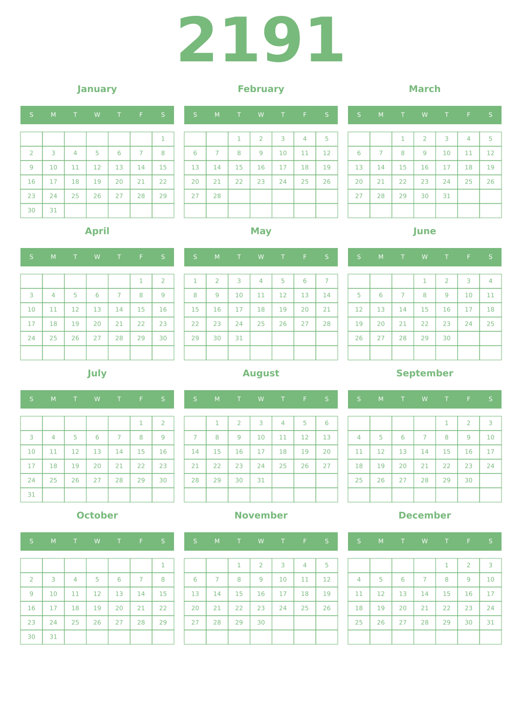 Printable 2191 Year Calendars celadon