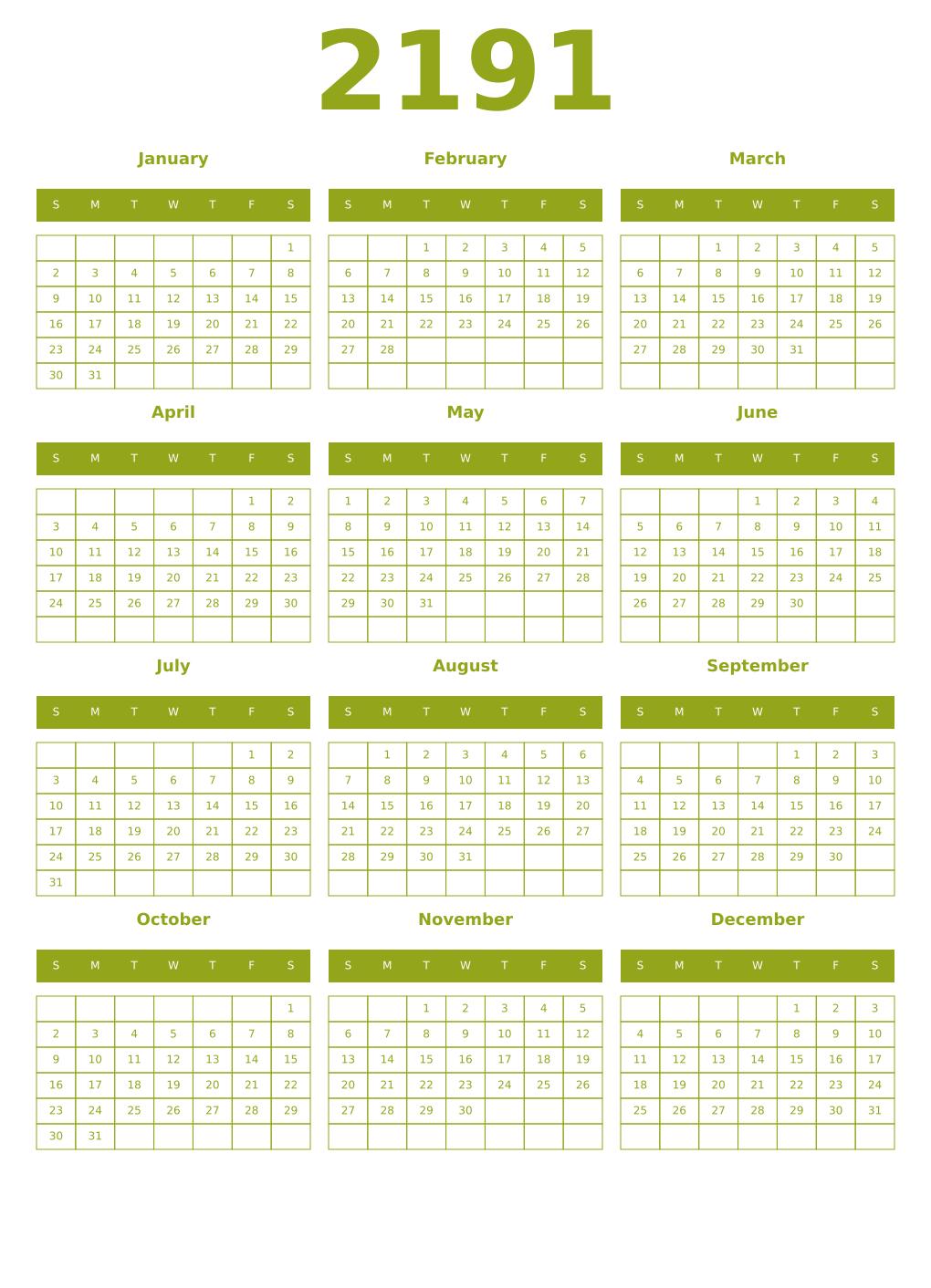 Printable 2191 Year Calendars chartreuse